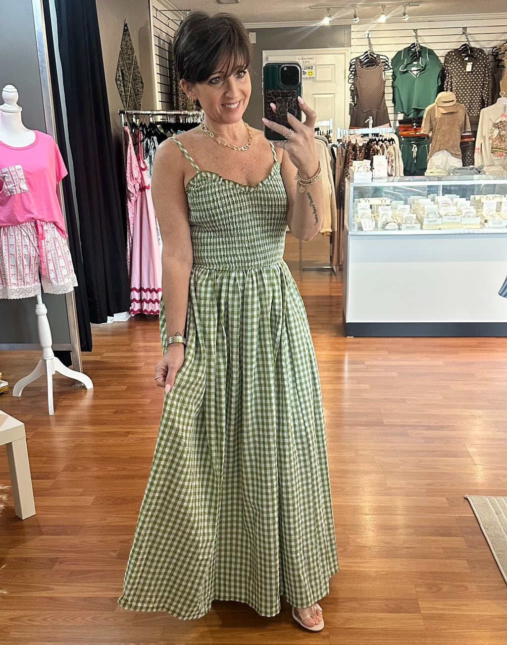 Gingham Dress- Green – Red Fern Boutique