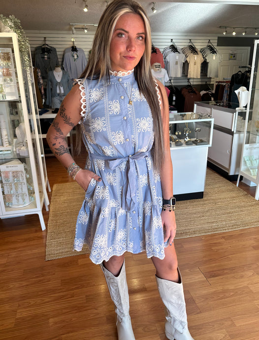 Lace Inlay Dress- Blue