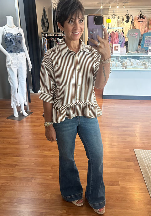 Stripe Peplum Top- Brown
