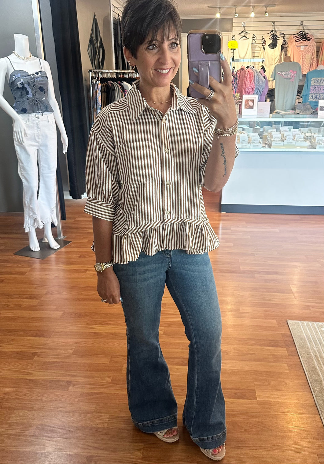 Stripe Peplum Top- Brown