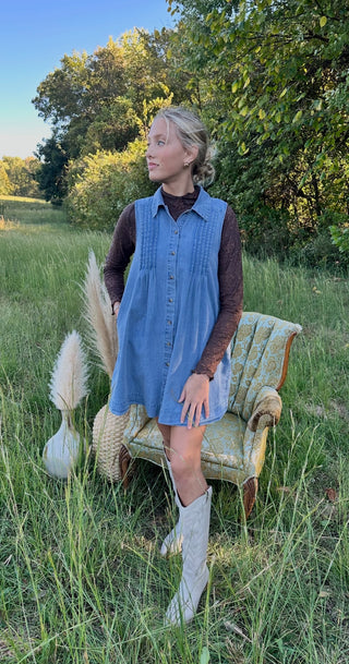 Pleated Collared Button Down Swing Dress