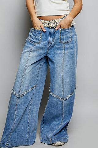 Studded Denim Wide Leg Jeans