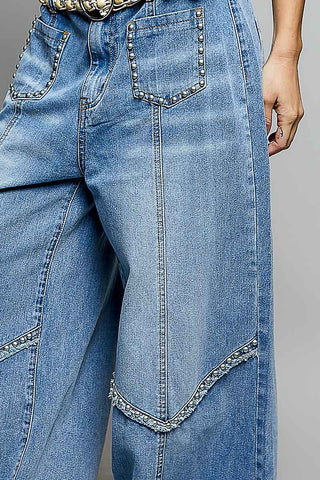 Studded Denim Wide Leg Jeans