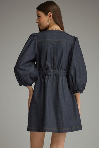 Denim Puff Sleeve Button Front Mini Dress