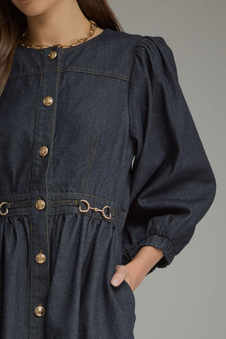 Denim Puff Sleeve Button Front Mini Dress
