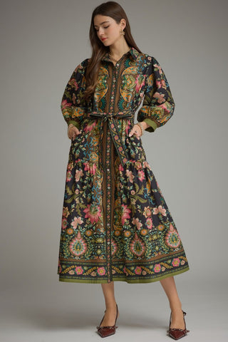 Floral Paisley Button Front Midi Dress