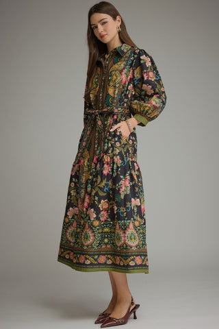 Floral Paisley Button Front Midi Dress