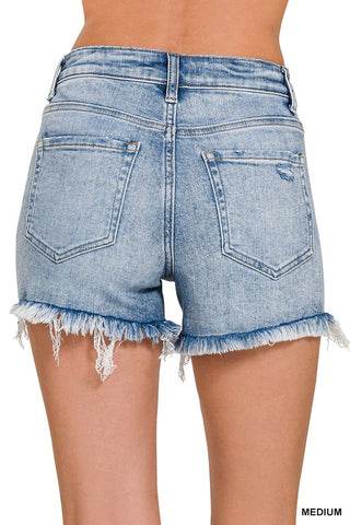 Raw Frayed Hem Denim Shorts- Medium Wash