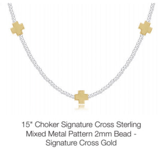 Enewton 15” Choker Signature Cross Sterling Mixed Metal Pattern 2mm Bead Signature Cross Gold