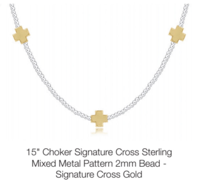 Enewton 15” Choker Signature Cross Sterling Mixed Metal Pattern 2mm Bead Signature Cross Gold