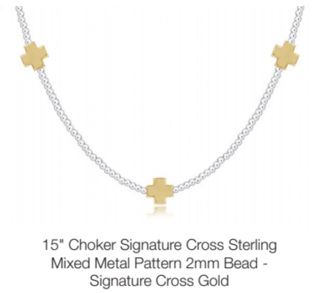 Enewton 15” Choker Signature Cross Sterling Mixed Metal Pattern 2mm Bead Signature Cross Gold