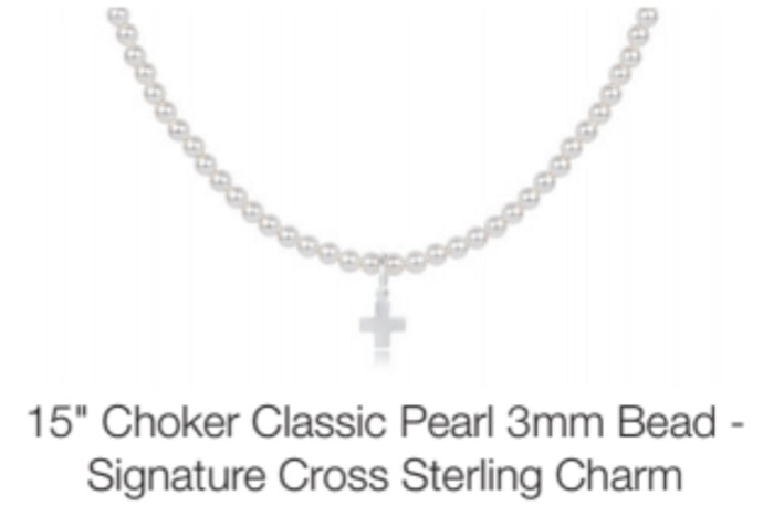 Enewton 15” Choker Classic Pearl 3mm Bead- Signature Cross Sterling Charm