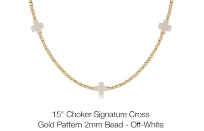 Enewton 15” Choker Signature Cross Gold Pattern 2mm Bead- Off White