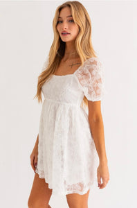 Lace Square Neck Dress- White