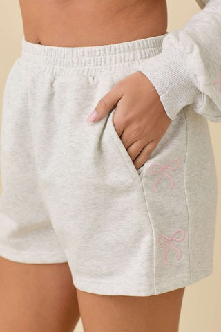 Knit Short Set with Side Ribbon Bow Embroidery