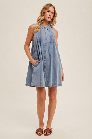 Pleated Collared Button Down Swing Dress