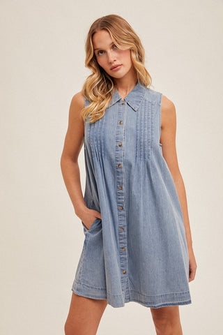 Pleated Collared Button Down Swing Dress