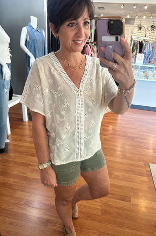 Embroidered Eyelet Top- Natural
