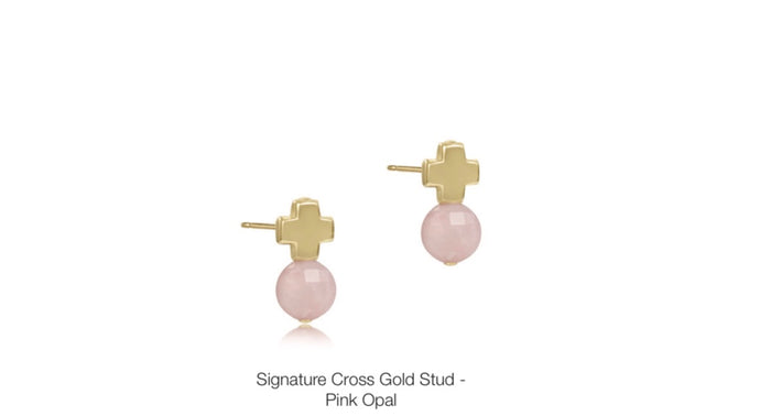 Enewton Signature Cross Gold Stud- Pink Opal
