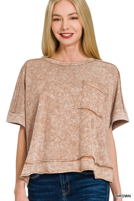 Halo Snow Washed Oversized Crop Tee- Brown