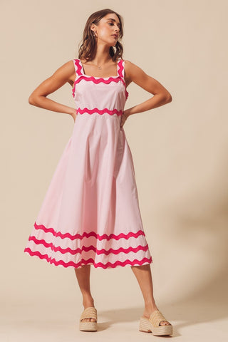 Ric Rac Trim Midi Dress- Blush/Fuchsia