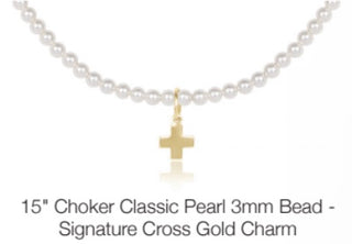 Enewton 15” Choker Classic Pearl 3mm Bead Signature Cross Gold Charm