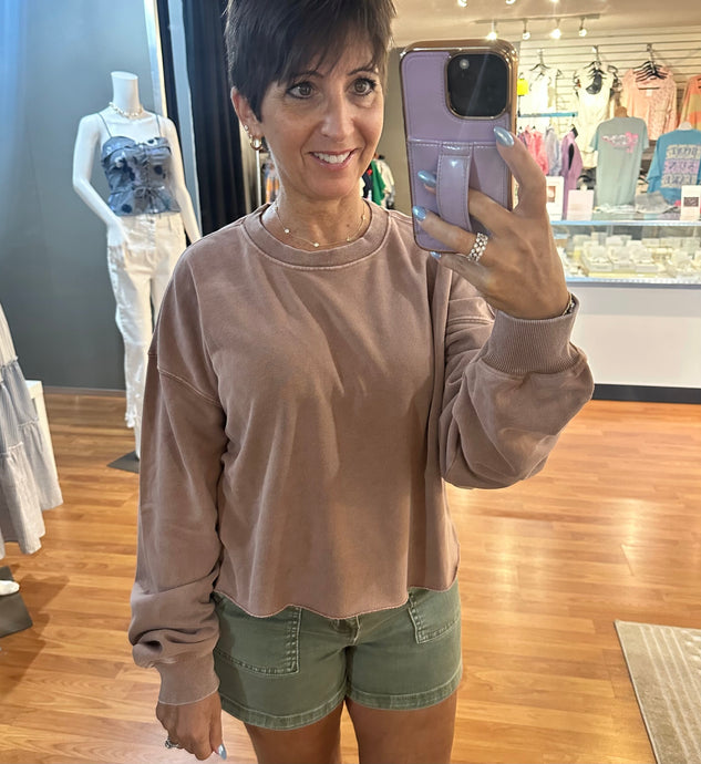 Cropped Crewneck- Chestnut & Dark Green