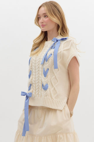Knit Sweater with Blue Ribbon Detail