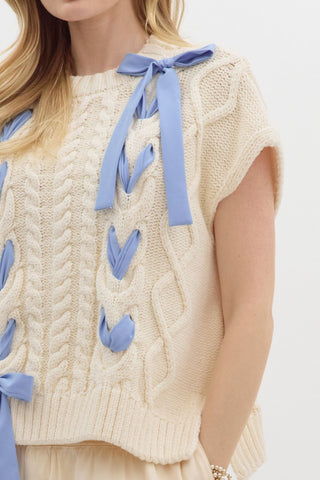Knit Sweater with Blue Ribbon Detail