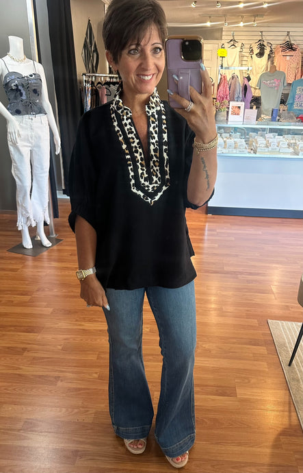 Dolman Sleeve Top with Leopard Neckline- Black