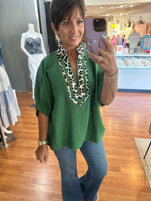 Dolman Sleeve Top with Leopard Neckline- Fern