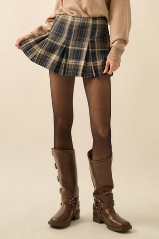 Plaid Flannel Pleated Mini Skort- Midnight Blue
