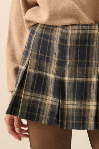 Plaid Flannel Pleated Mini Skort- Midnight Blue