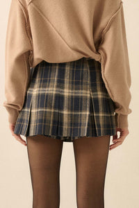 Plaid Flannel Pleated Mini Skort- Midnight Blue