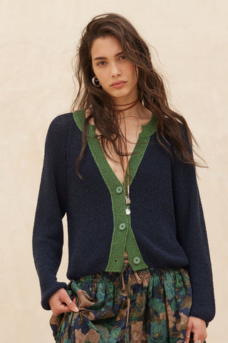 Ribbed Knit Contrast Cardigan- Midnight Blue
