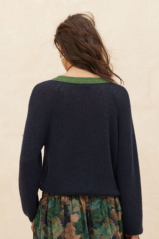 Ribbed Knit Contrast Cardigan- Midnight Blue