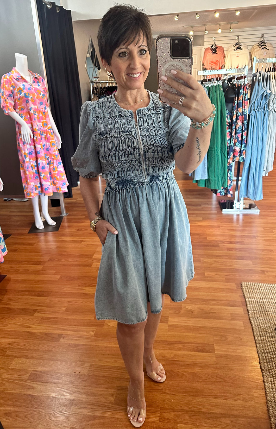 Smocked Denim Dress