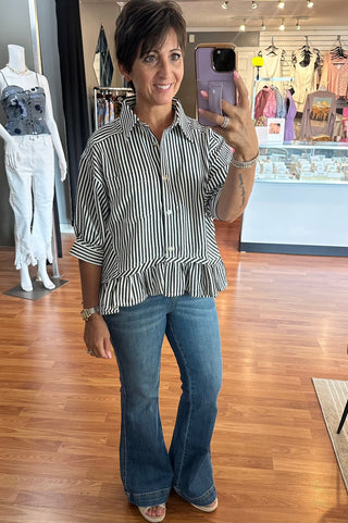 Stripe Peplum Top- Black