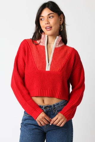 Claire Zip Up Knit Top- Red