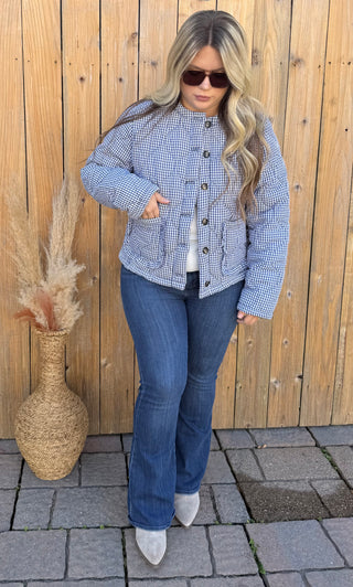 Plaid Padded Jacket- Navy