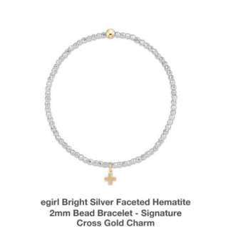 Enewton Egirl Bright Silver Faceted Hematite 2mm Bead Bracelet- Signature Cross Gold Charm