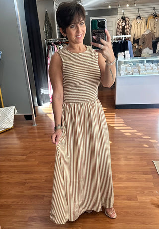 Striped Smocked Dress- Brown
