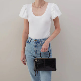 Hobo Sable Crossbody in Polished Leather- Black