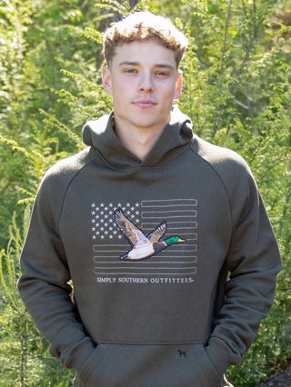 Simply Southern Outdoor Camo Flag Hoodie for Men in Dark Green