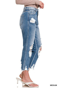 High Rise Tattered Straight Cropped Denim Jeans