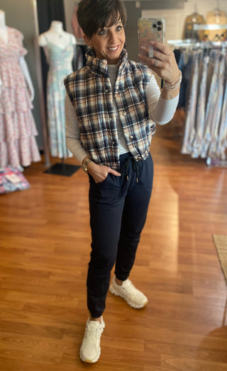 Plaid Puffer Vest- Navy Mix