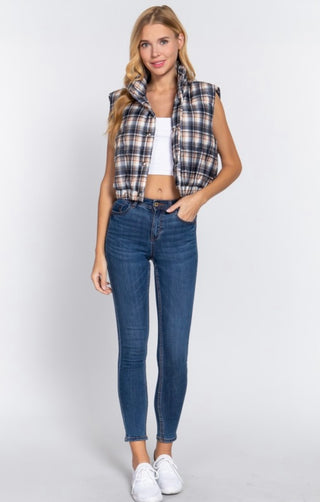 Plaid Puffer Vest- Navy Mix