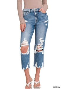 High Rise Tattered Straight Cropped Denim Jeans