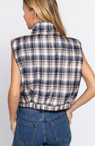 Plaid Puffer Vest- Navy Mix