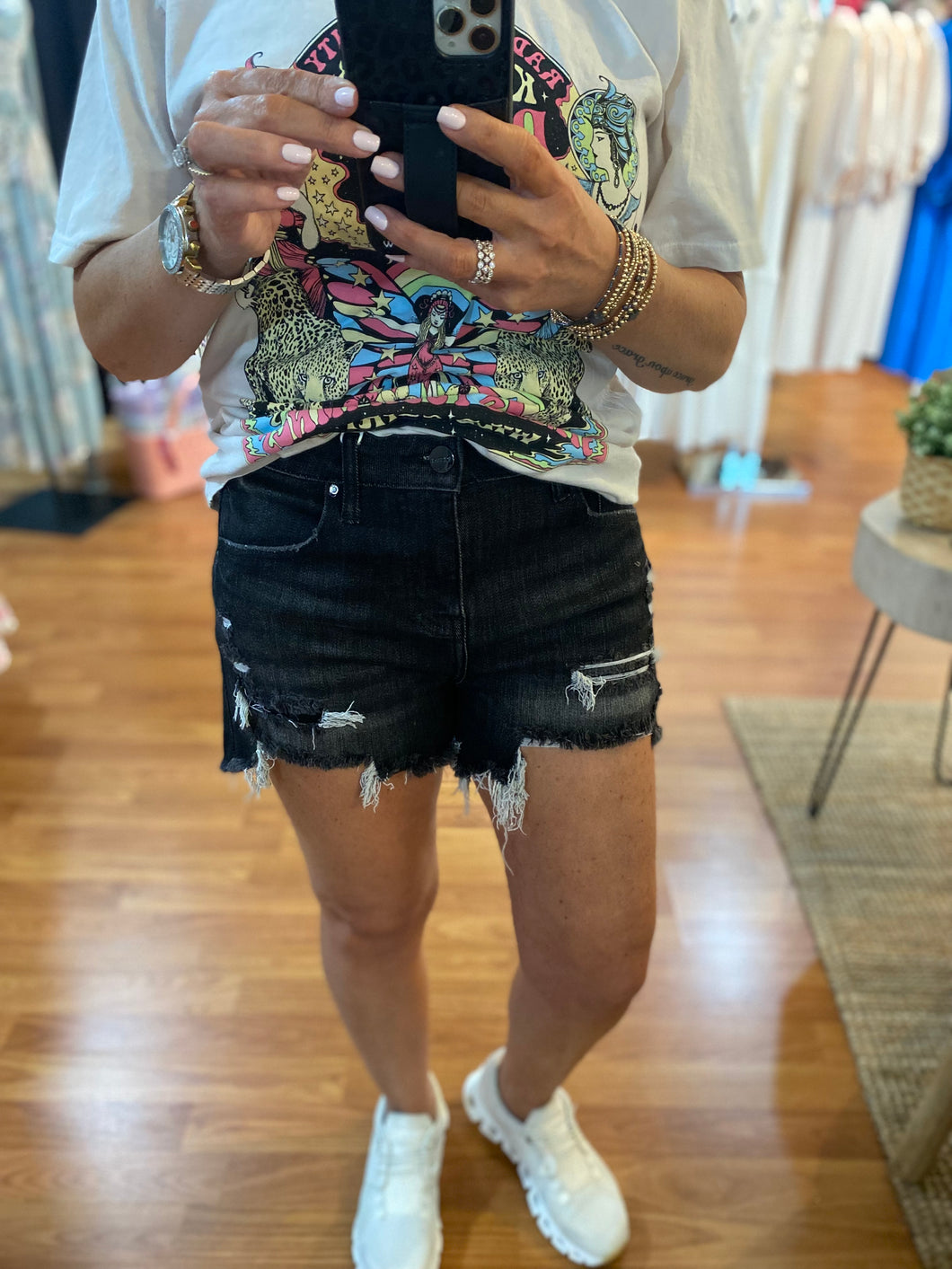 Risen Mid-Rise Denim Shorts- Black Wash